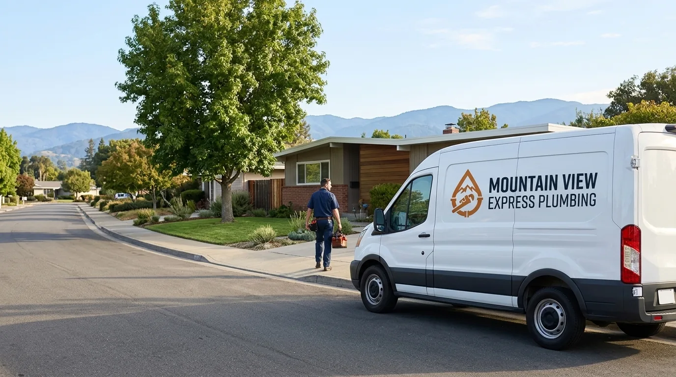 Plumbing service van parked on a residential street in Mountain View, California